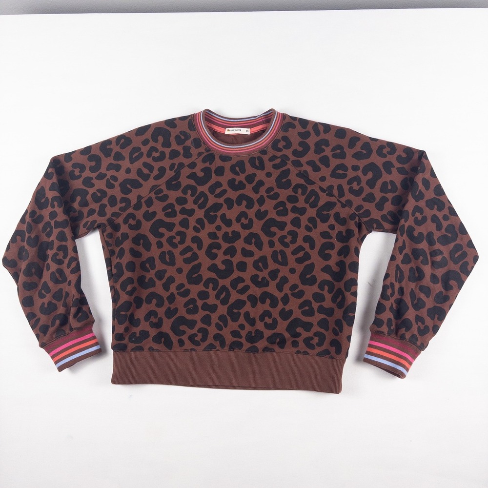 Marine Layer Anytime Sweatshirt Women XS Brown Leopard Print Rainbow Trim Preppy